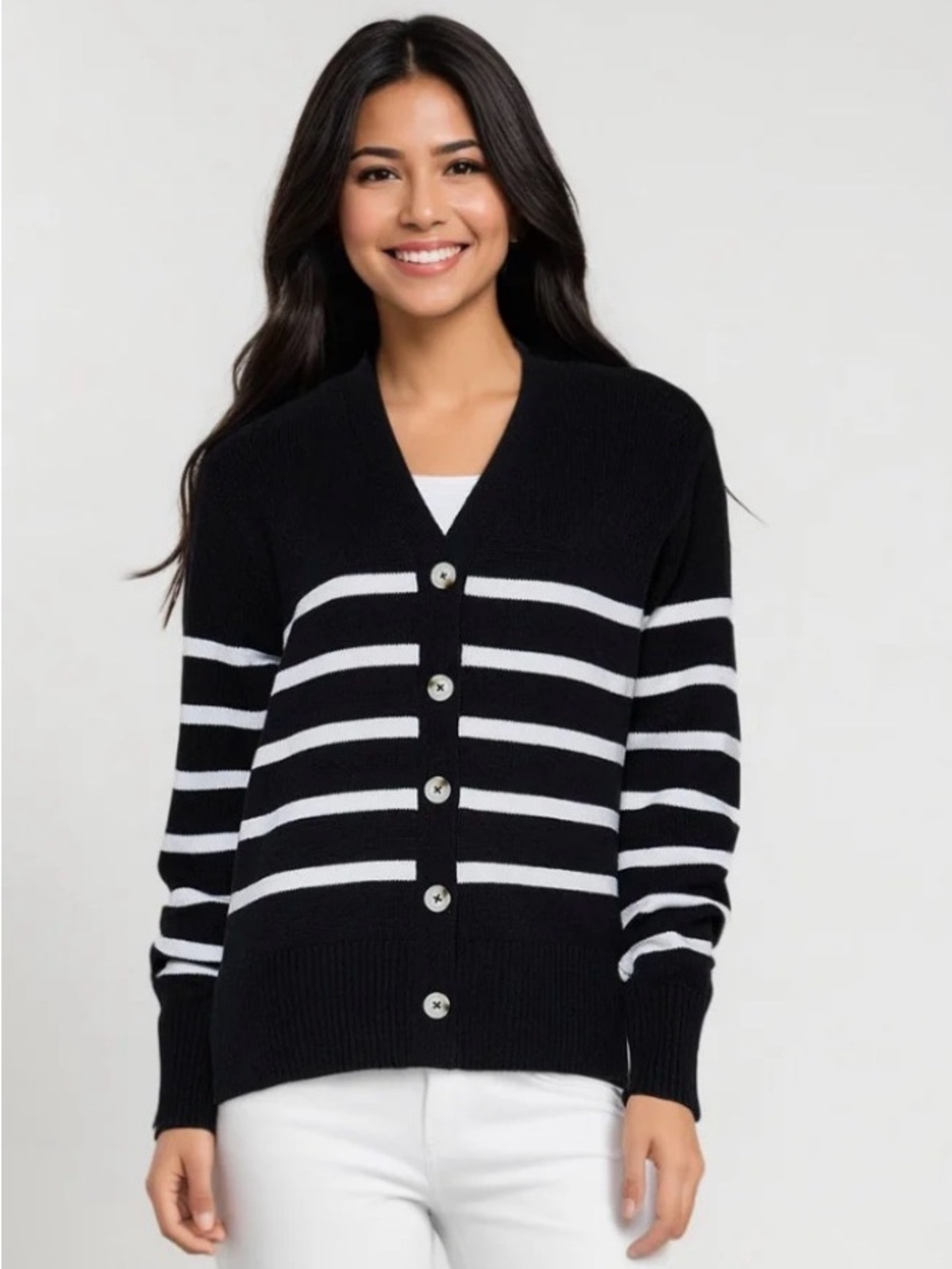 Three Dots Black & White Striped V-Neck Cardigan
